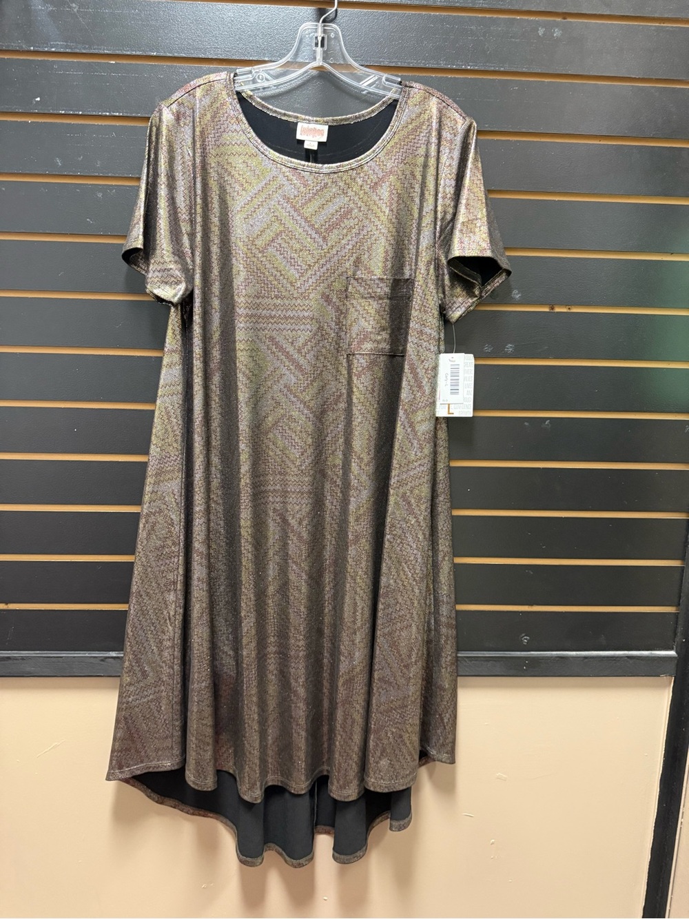 NWT LuLaRoe Carly Dress Size L Metallic Geometric Swing Dress High Low Hem